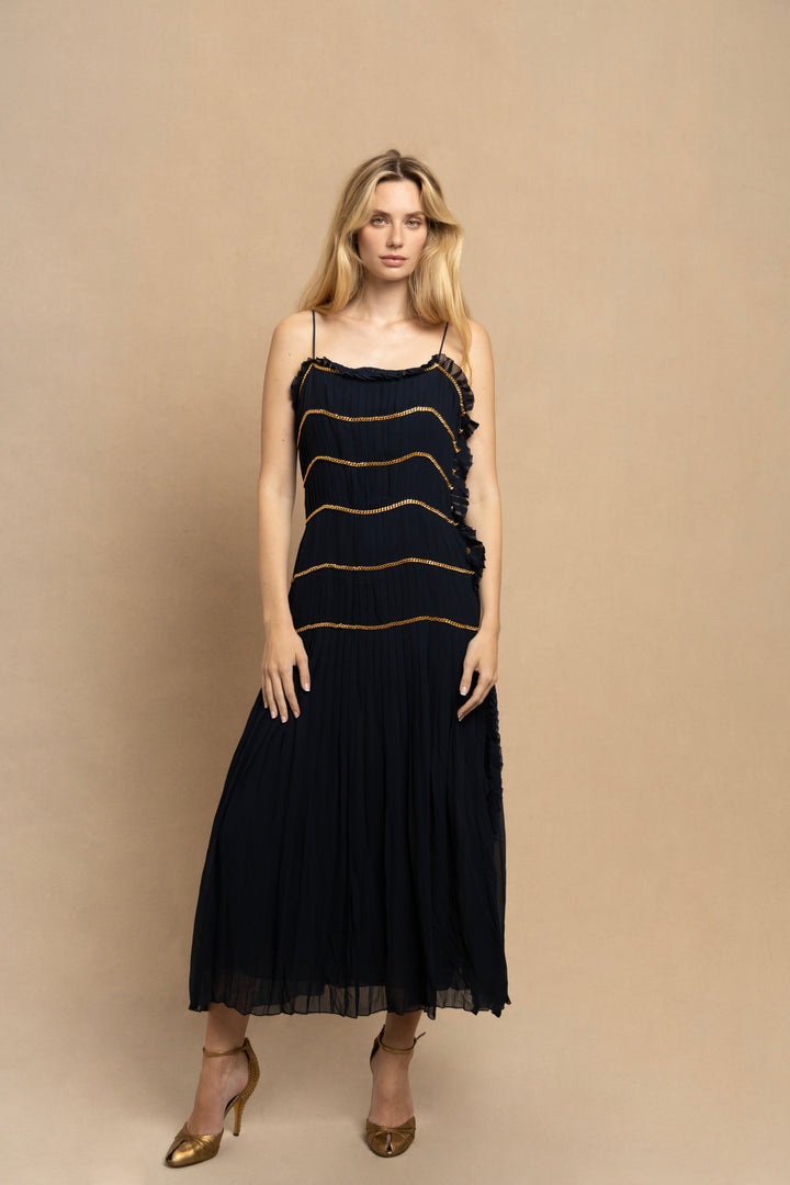 Chanel Navy Pleated Silk Chiffon Chain Dress by Karl Lagerfeld (SS 1988)