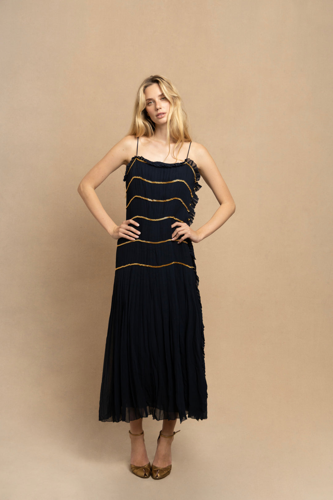 Chanel Navy Pleated Silk Chiffon Chain Dress by Karl Lagerfeld (SS 1988)