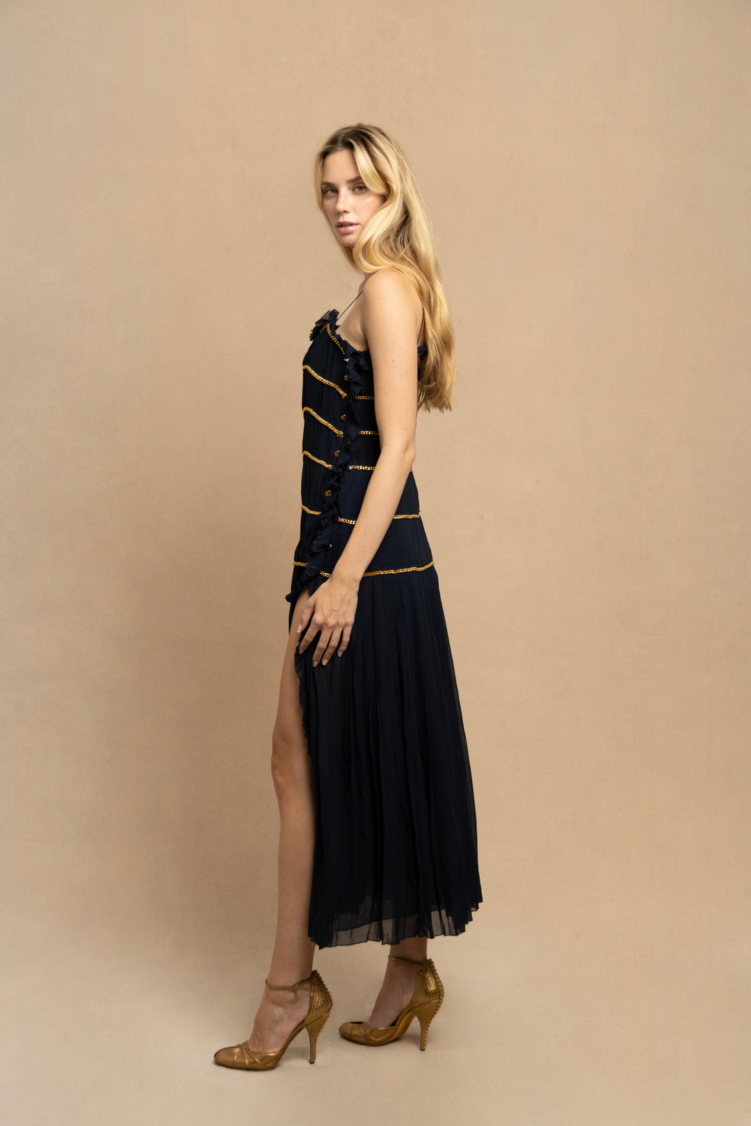 Chanel Navy Pleated Silk Chiffon Chain Dress by Karl Lagerfeld (SS 1988)