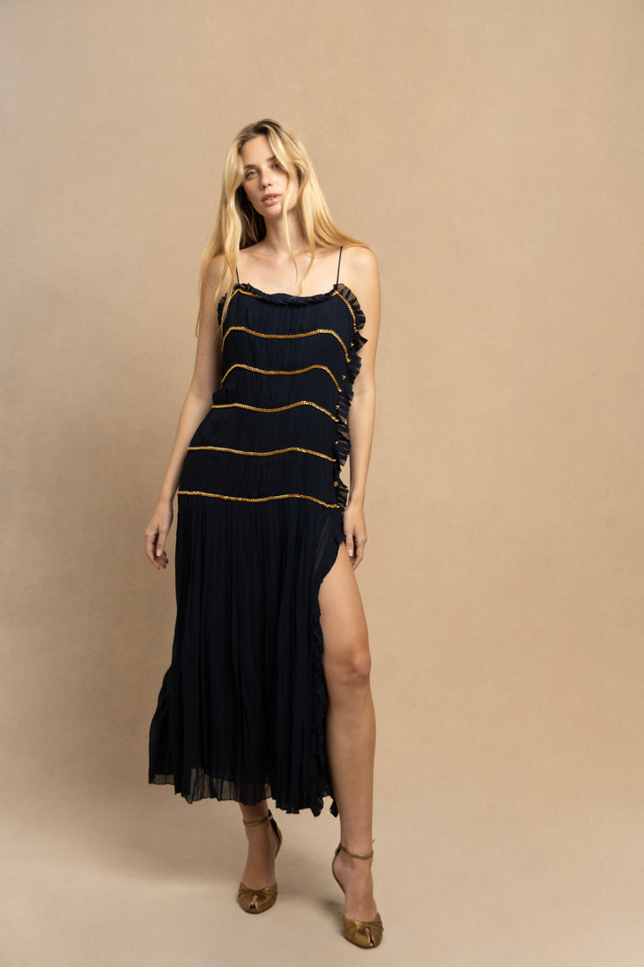 Chanel Navy Pleated Silk Chiffon Chain Dress by Karl Lagerfeld (SS 1988)