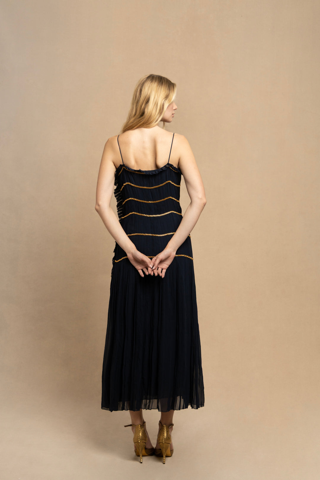 Chanel Navy Pleated Silk Chiffon Chain Dress by Karl Lagerfeld (SS 1988)
