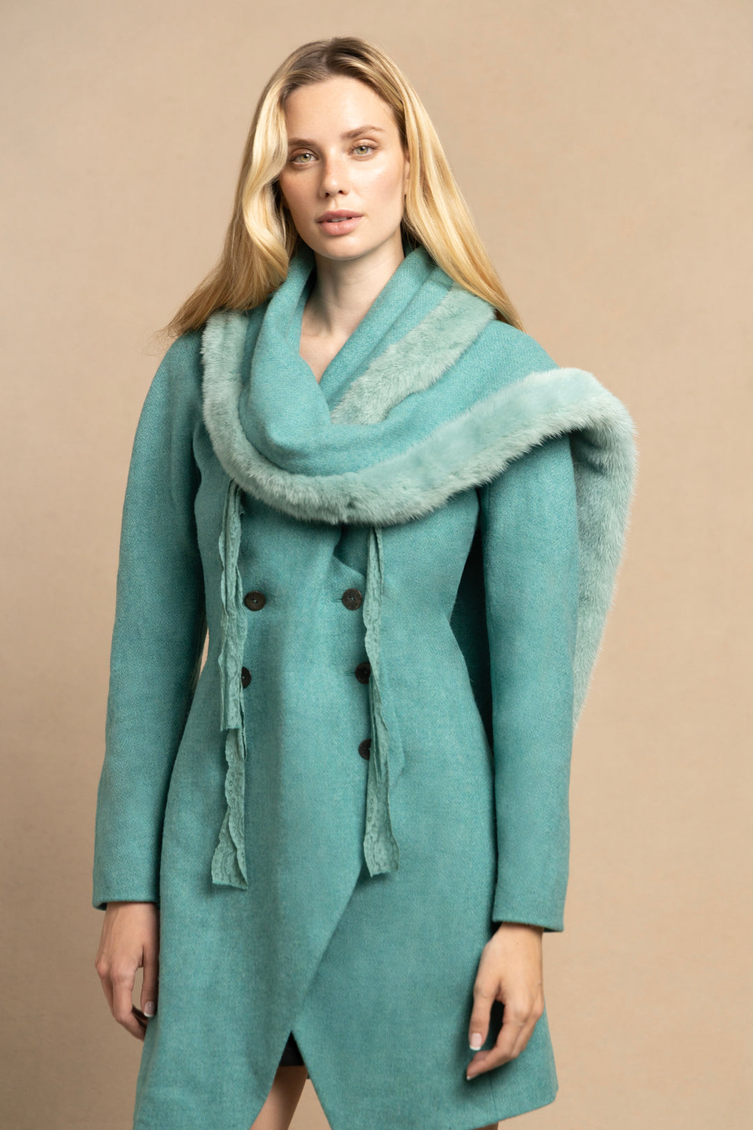 Christian Dior Turquoise Wool Asymmetric Coat with Mink Trim (AW 1998)