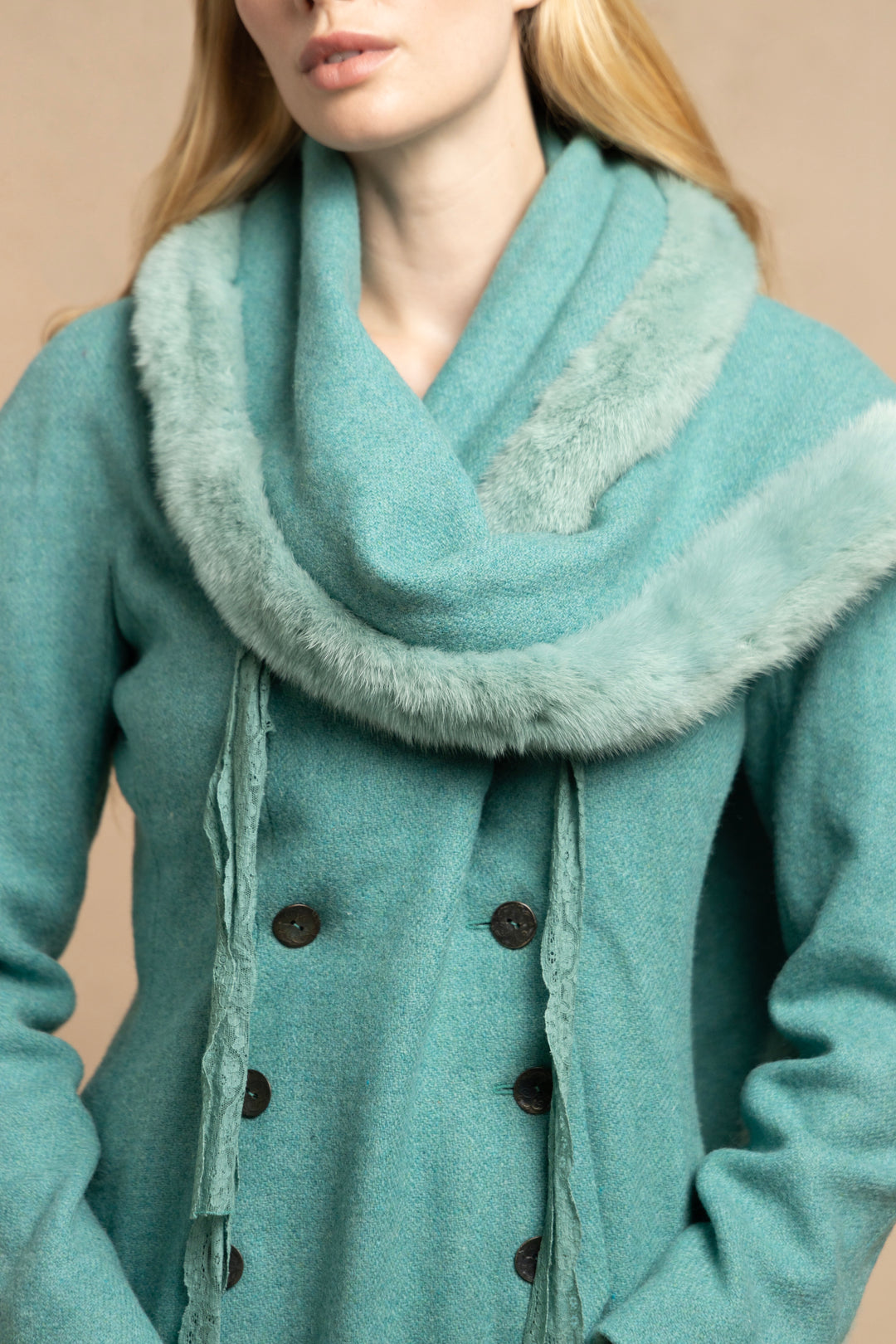 Christian Dior Turquoise Wool Asymmetric Coat with Mink Trim (AW 1998)