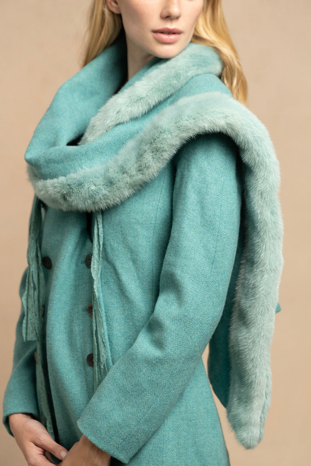 Christian Dior Turquoise Wool Asymmetric Coat with Mink Trim (AW 1998)