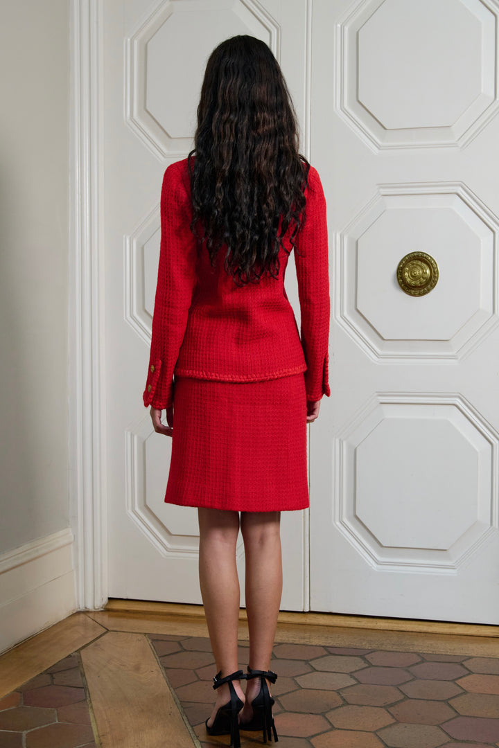 Chanel Haute Couture Red Tweed Suit by Karl Lagerfeld (c. 1980s)