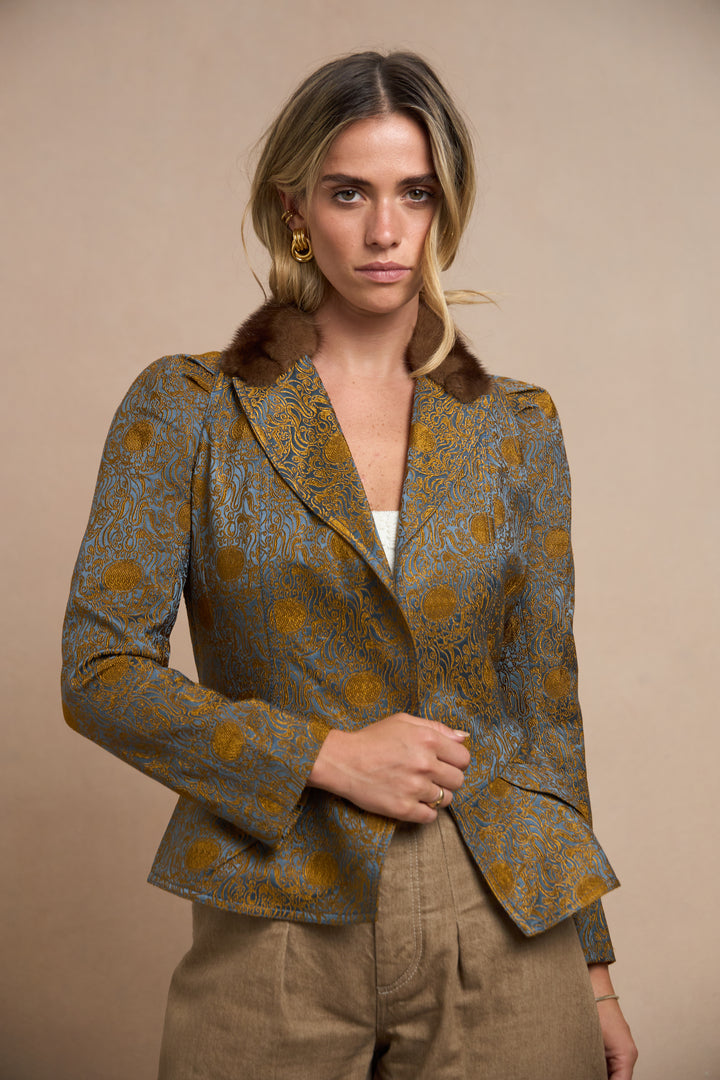 John Galliano Gold Embroidered Blue Satin Jacket with Mink Collar (AW 2005)