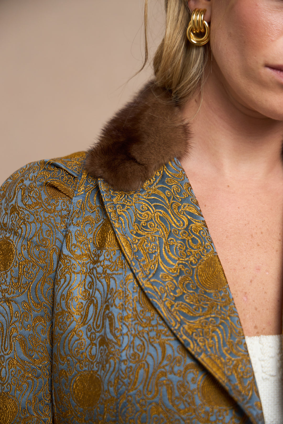 John Galliano Gold Embroidered Blue Satin Jacket with Mink Collar (AW 2005)