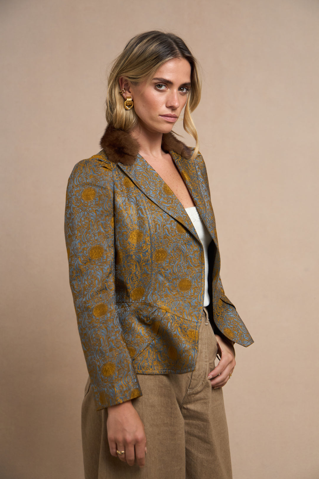John Galliano Gold Embroidered Blue Satin Jacket with Mink Collar (AW 2005)