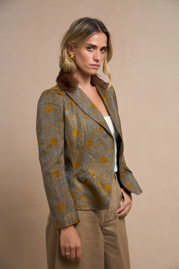 John Galliano Gold Embroidered Blue Satin Jacket with Mink Collar (AW 2005)