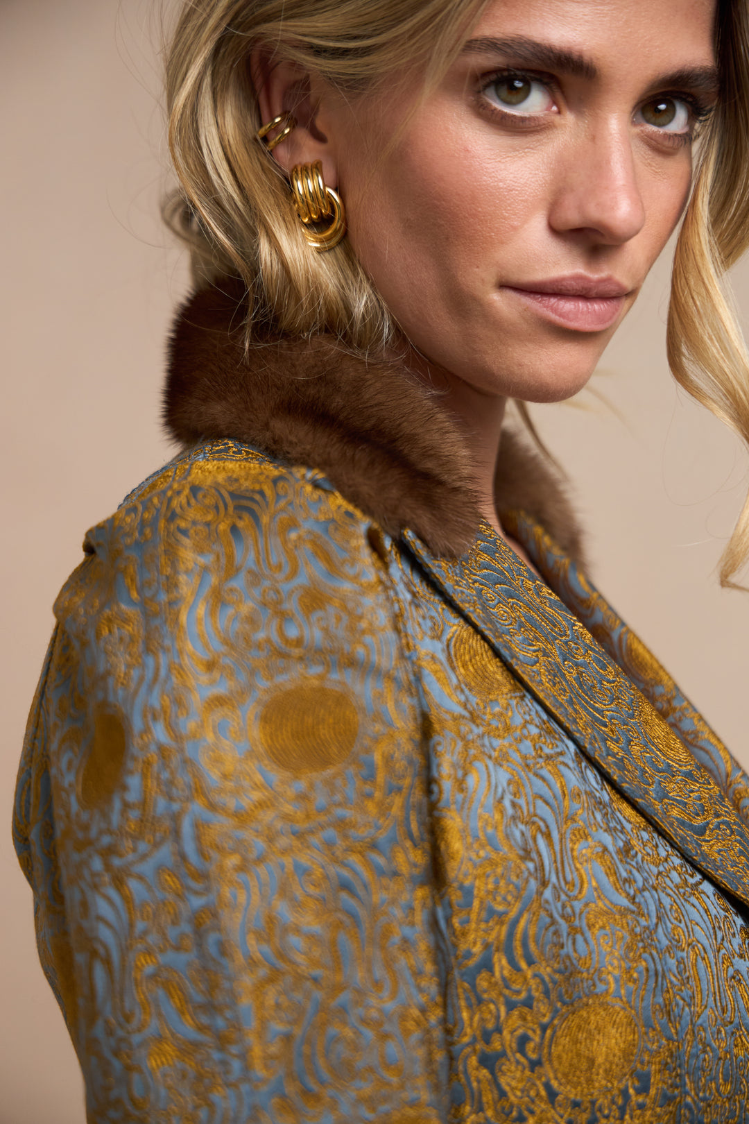 John Galliano Gold Embroidered Blue Satin Jacket with Mink Collar (AW 2005)