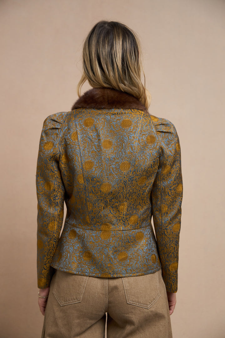 John Galliano Gold Embroidered Blue Satin Jacket with Mink Collar (AW 2005)