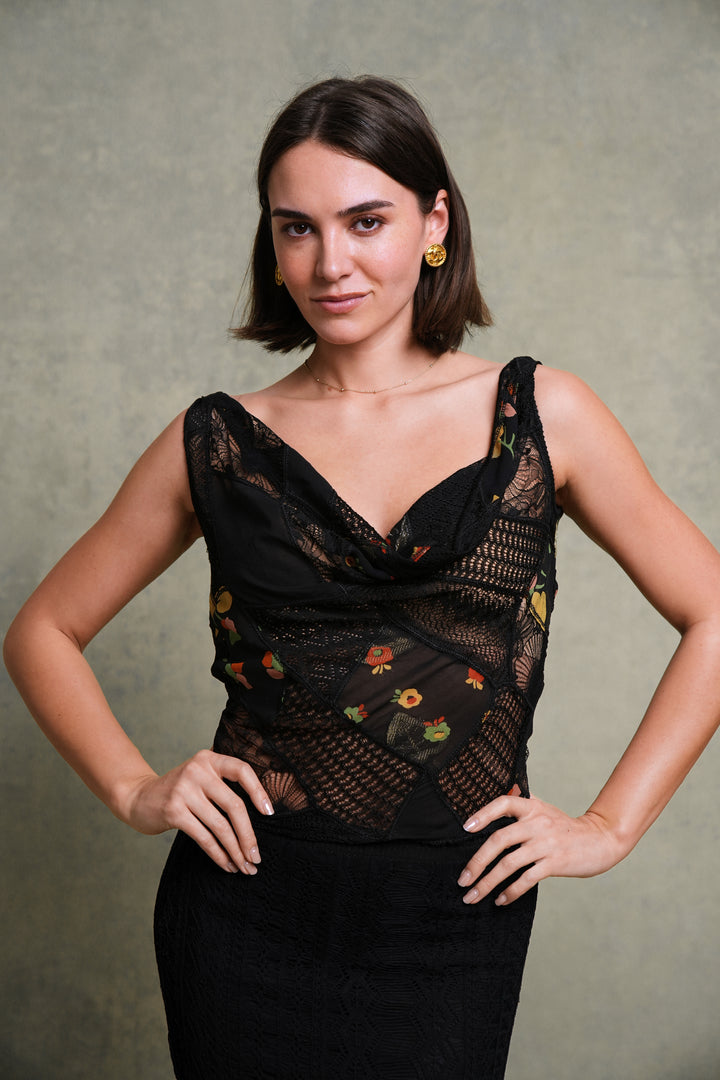 John Galliano Black Openwork Knit and Floral Silk Draped Top (c. 2000s)