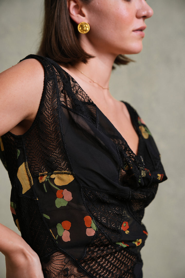 John Galliano Black Openwork Knit and Floral Silk Draped Top (c. 2000s)