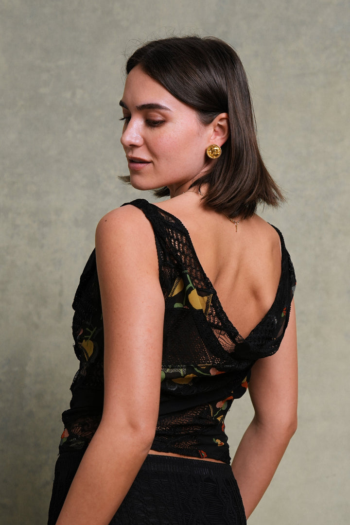 John Galliano Black Openwork Knit and Floral Silk Draped Top (c. 2000s)