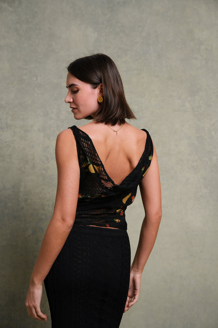 John Galliano Black Openwork Knit and Floral Silk Draped Top (c. 2000s)