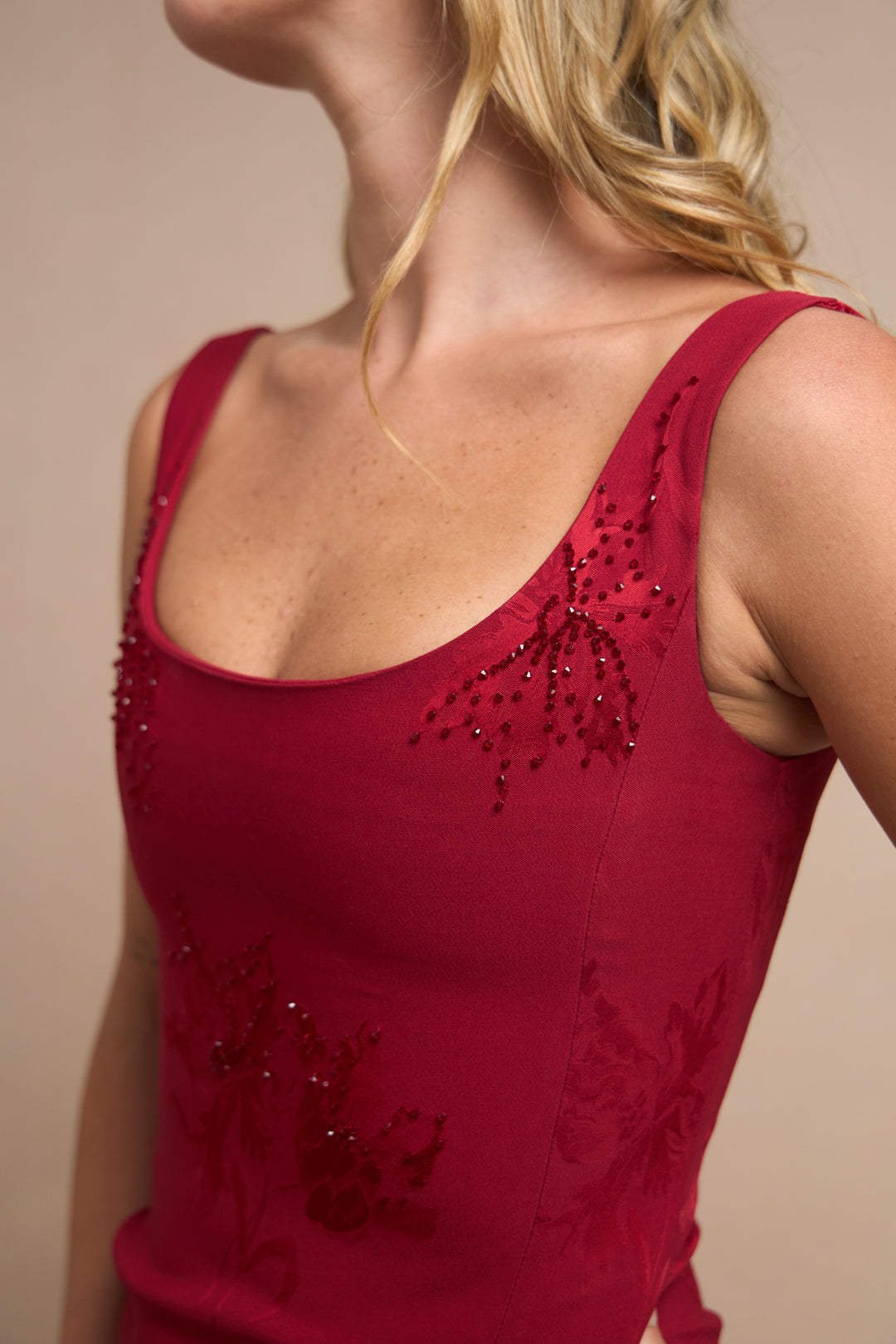 John Galliano Red Damask Crêpe Beaded Dress (AW 2001)