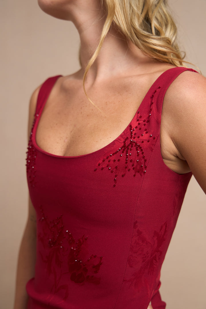 John Galliano Red Damask Crêpe Beaded Dress (AW 2001)