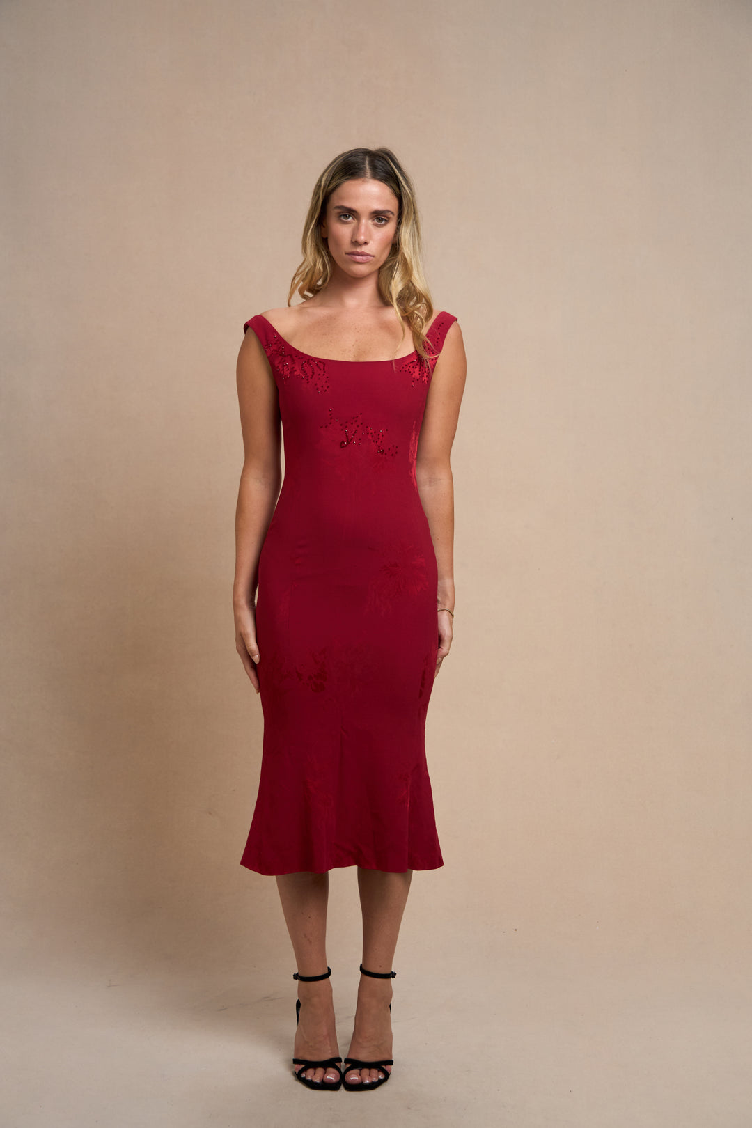 John Galliano Red Damask Crêpe Beaded Dress (AW 2001)