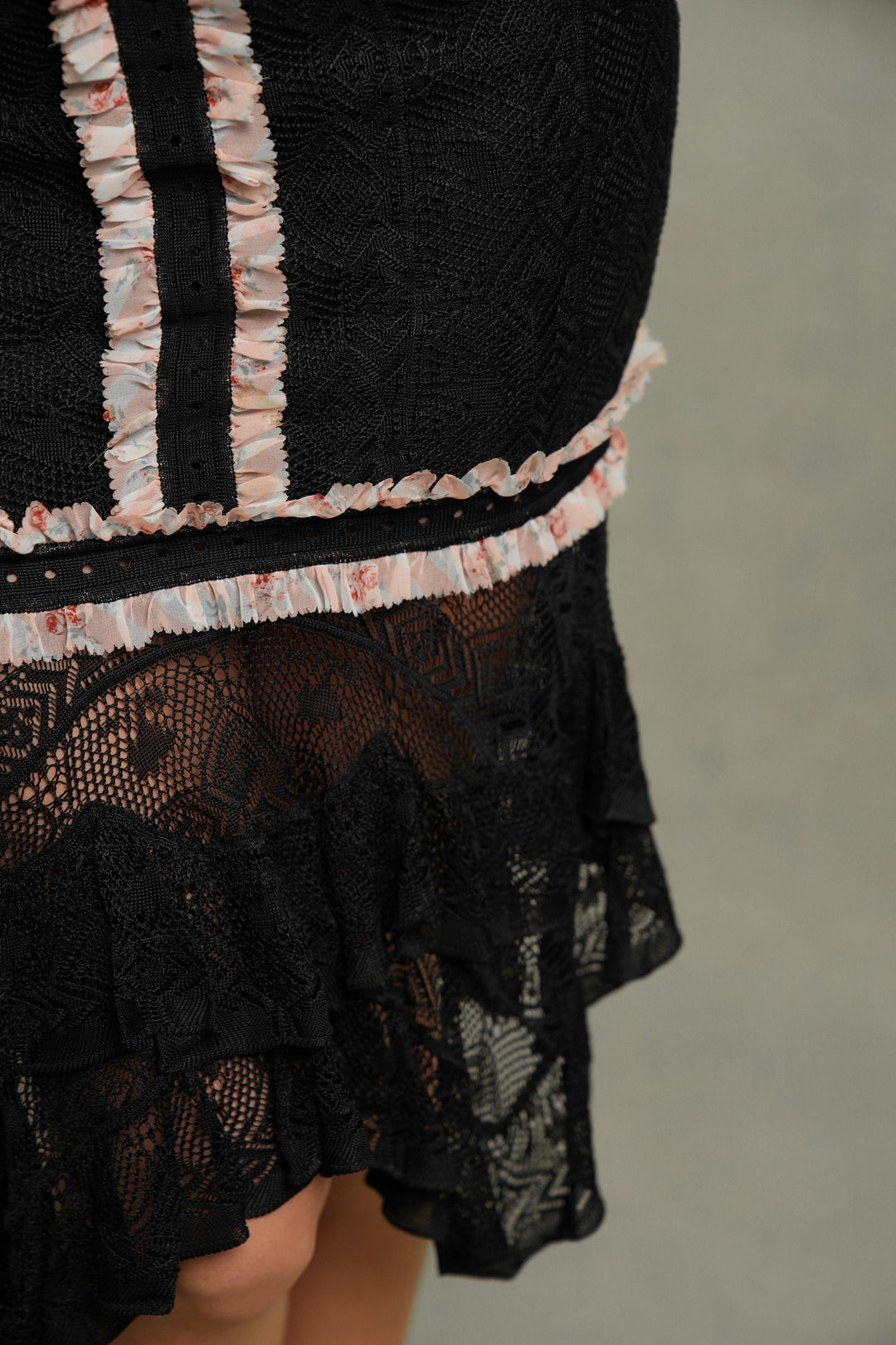 John Galliano Black Openwork Knit Skirt with Pink Floral Flounce (SS 2004)