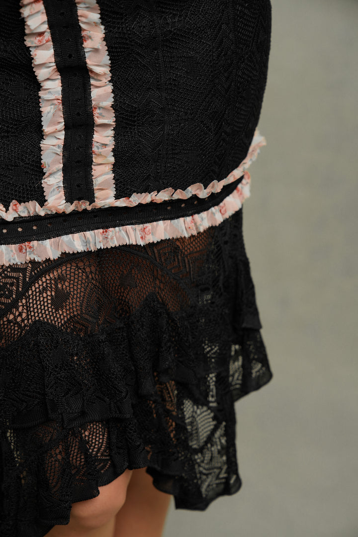 John Galliano Black Openwork Knit Skirt with Pink Floral Flounce (SS 2004)