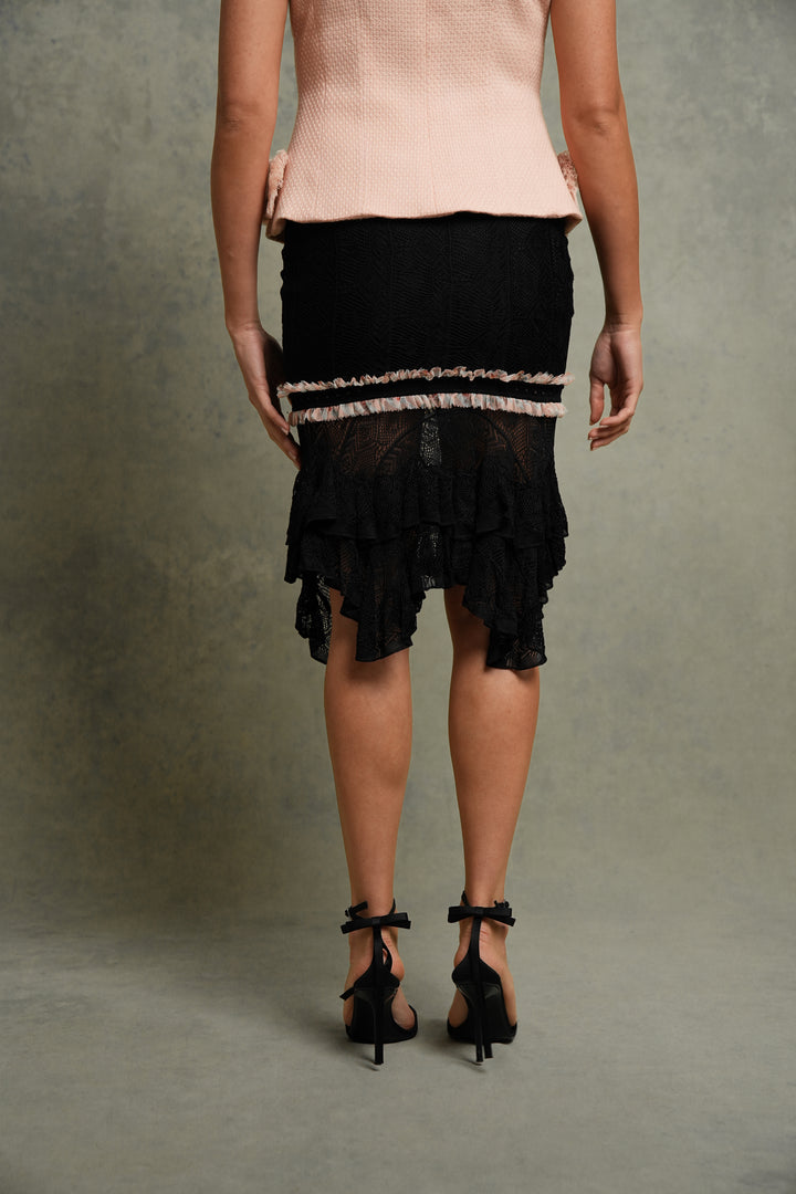 John Galliano Black Openwork Knit Skirt with Pink Floral Flounce (SS 2004)