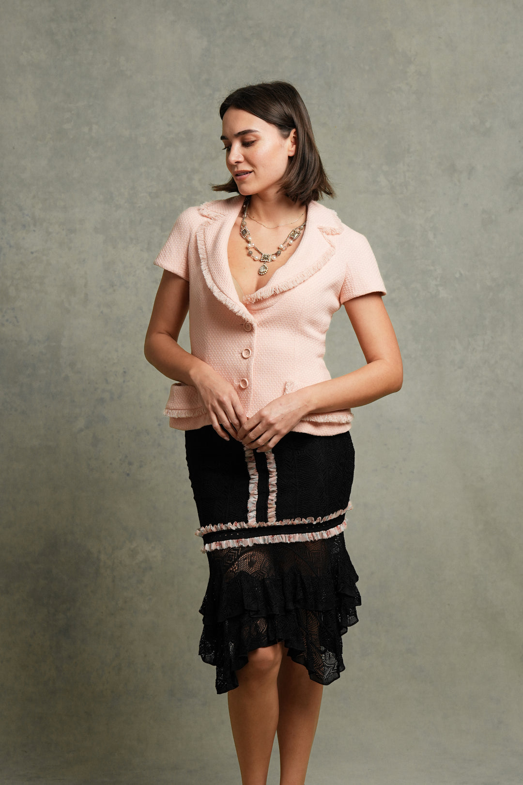 John Galliano Black Openwork Knit Skirt with Pink Floral Flounce (SS 2004)