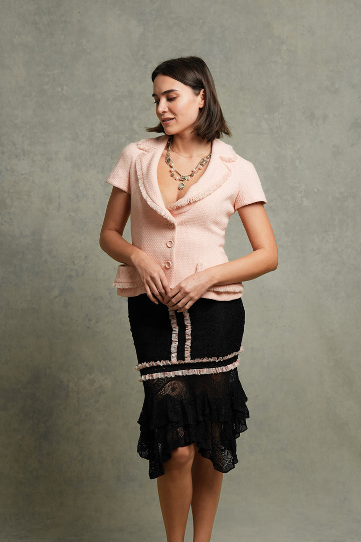 John Galliano Black Openwork Knit Skirt with Pink Floral Flounce (SS 2004)