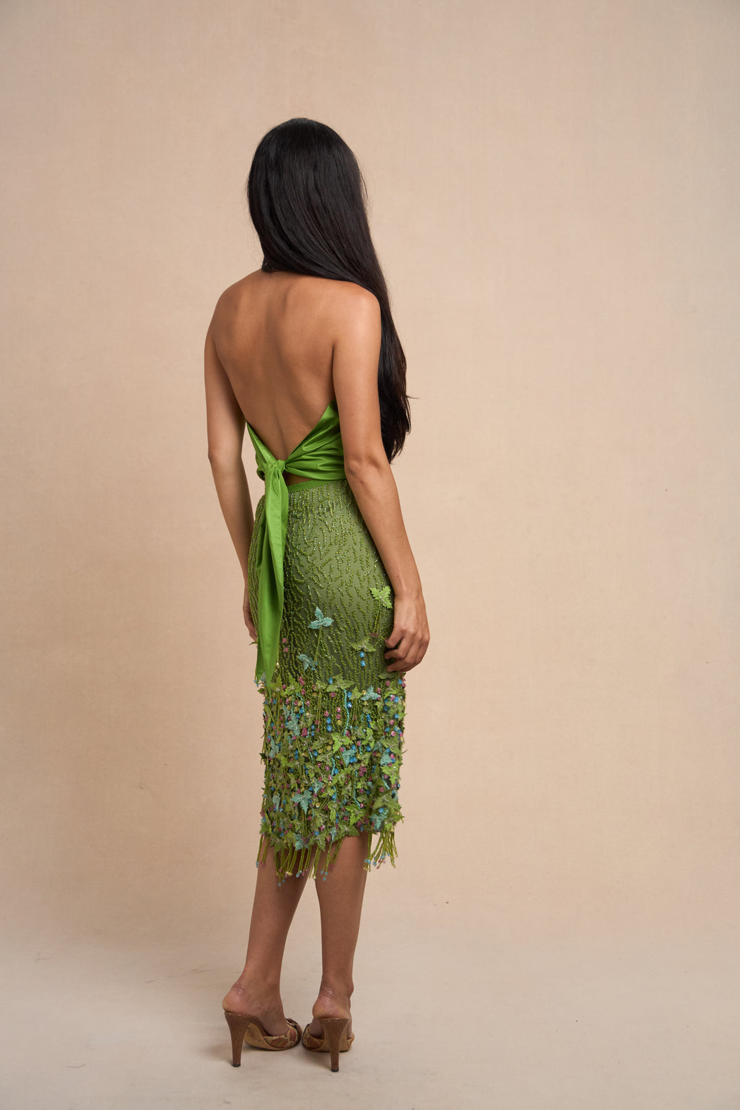 Oscar de la Renta Beaded Green Silk Skirt and Top Set (SS 1999)