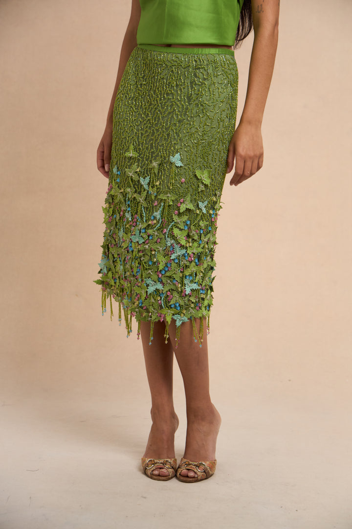 Oscar de la Renta Beaded Green Silk Skirt and Top Set (SS 1999)