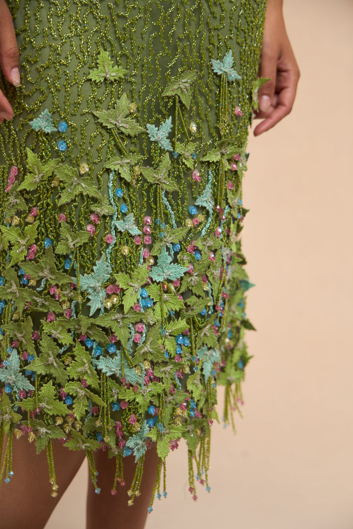 Oscar de la Renta Beaded Green Silk Skirt and Top Set (SS 1999)