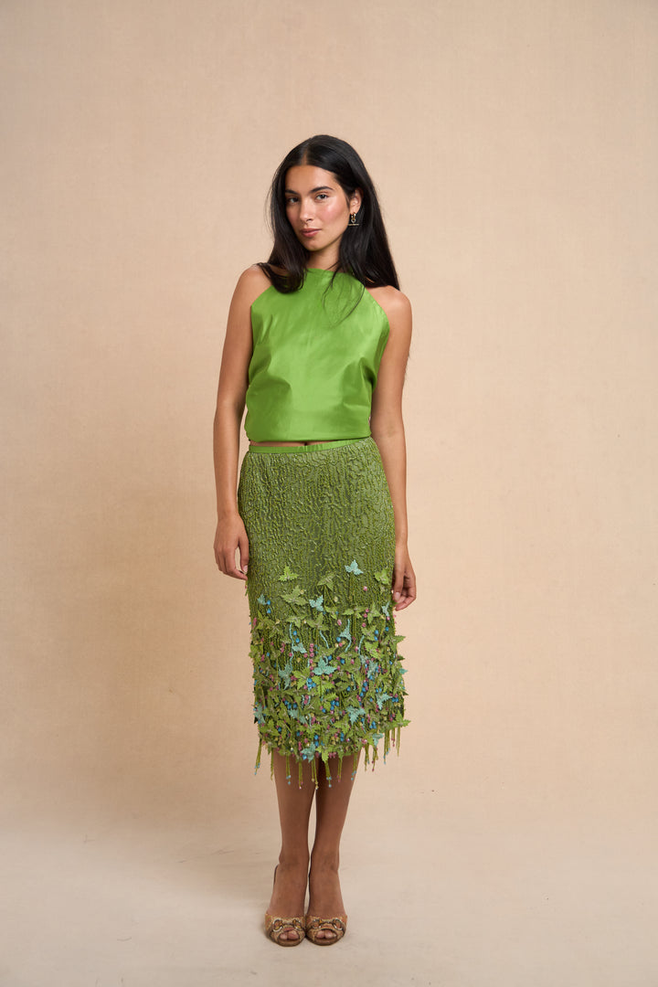 Oscar de la Renta Beaded Green Silk Skirt and Top Set (SS 1999)