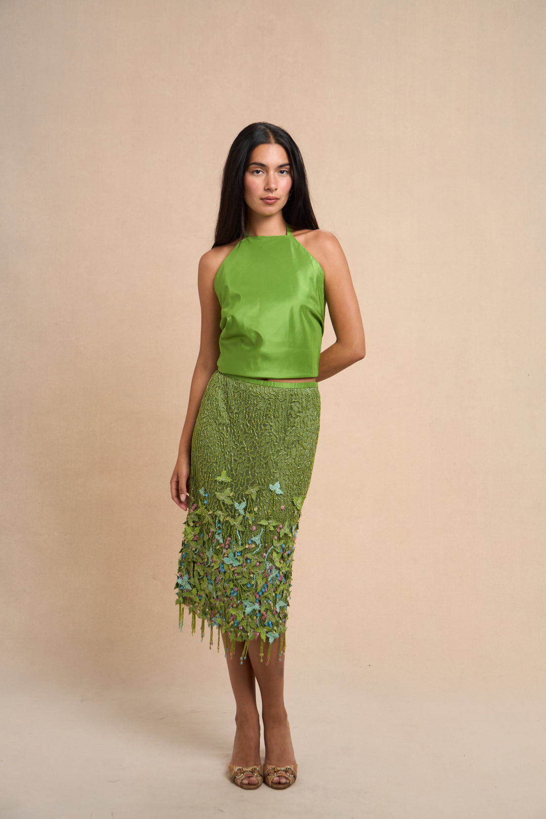 Oscar de la Renta Beaded Green Silk Skirt and Top Set (SS 1999)