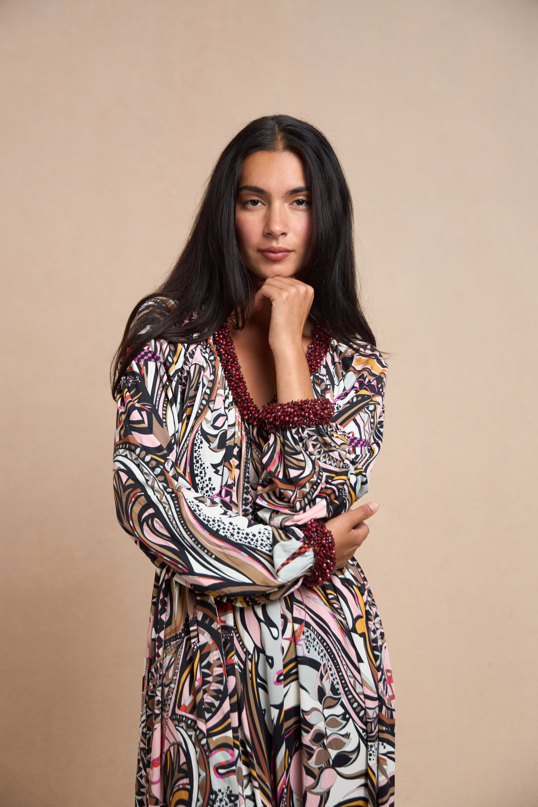 Emilio Pucci Grasshopper Print Beaded Jersey Gown (c. 2010s)