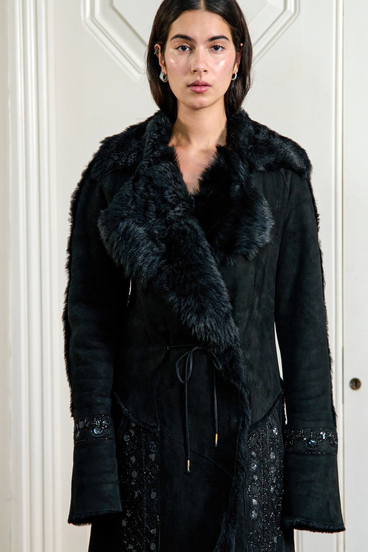 Roberto Cavalli Black Embellished Shearling Coat (c. 2000s)