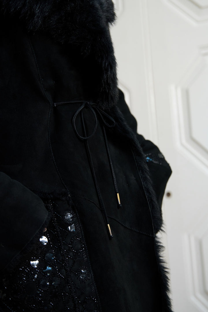 Roberto Cavalli Black Embellished Shearling Coat (c. 2000s)