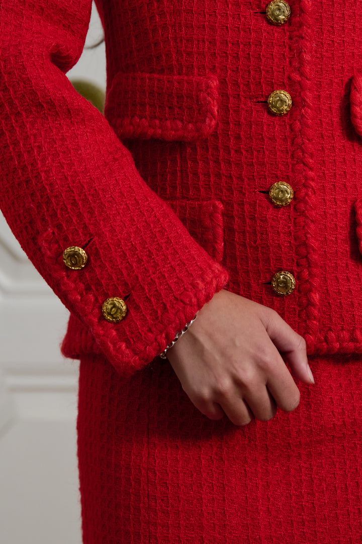Chanel Haute Couture Red Tweed Suit by Karl Lagerfeld (c. 1980s)