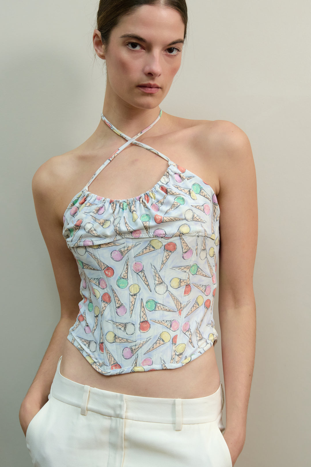 Upcycled Corset Top in Ice Cream Cone Print