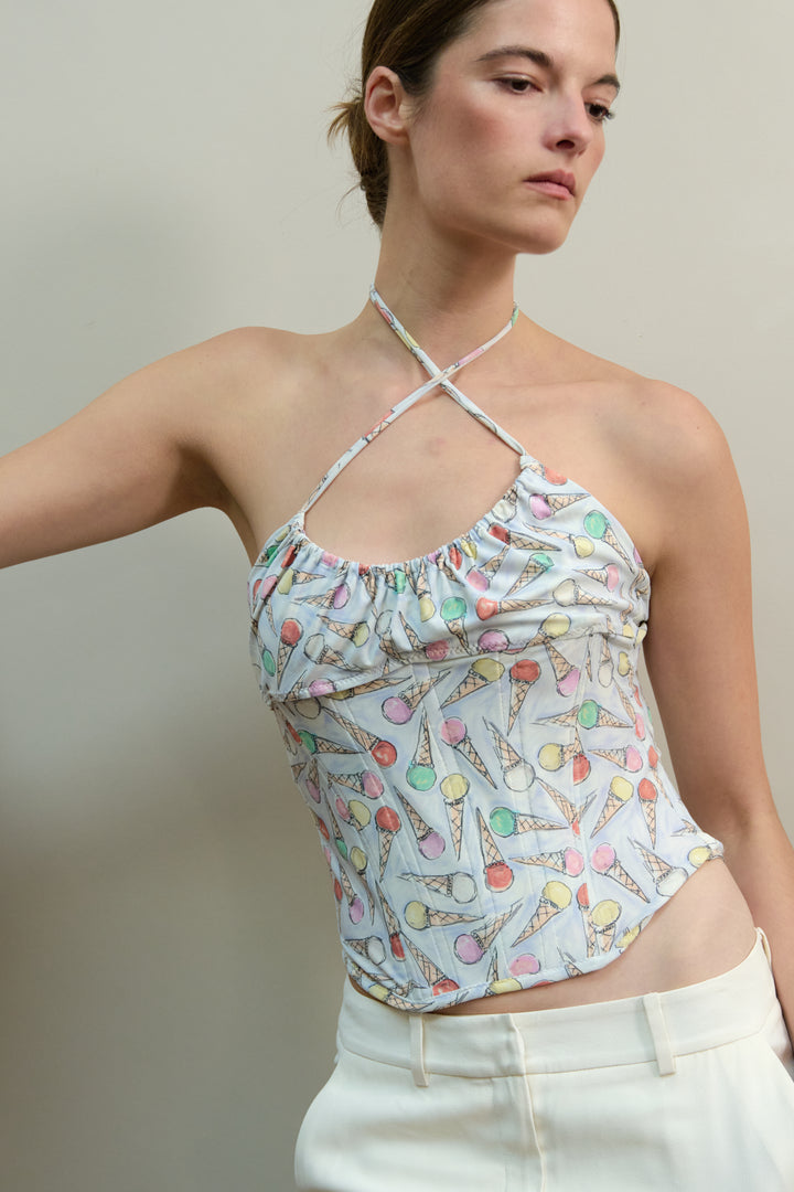Upcycled Corset Top in Ice Cream Cone Print